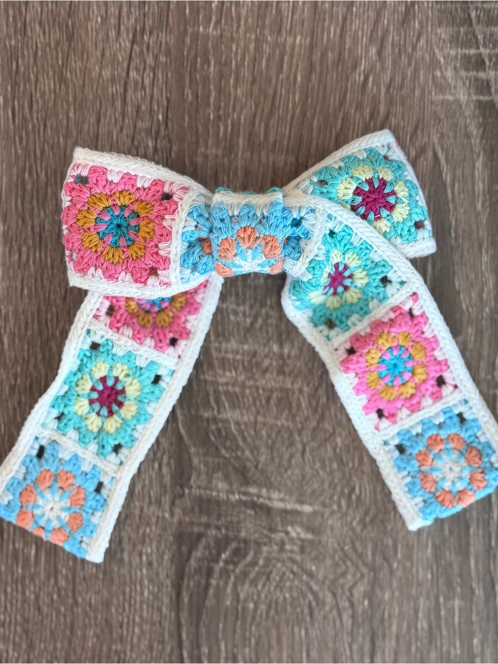 Y2K Retro Crochet Granny Square Hair Bow Barrette Cottagecore Indie Cream Blue - Picture 6 of 8